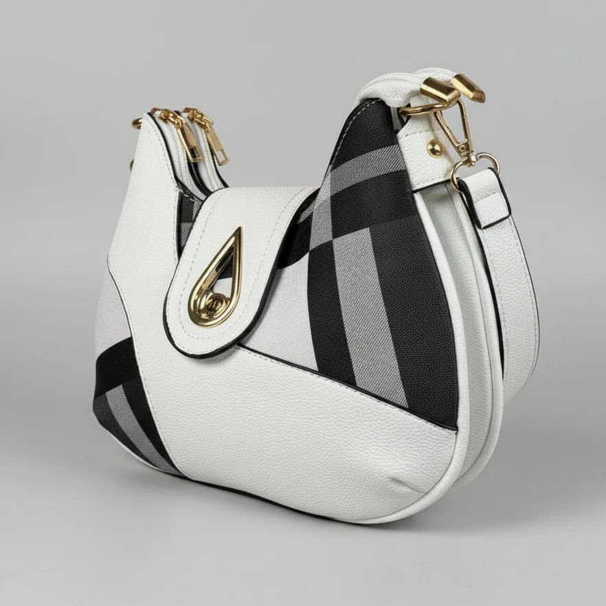 Temptation Italy Small Plaid Crescent Handbag. Vegan Leather Shoulder Bag