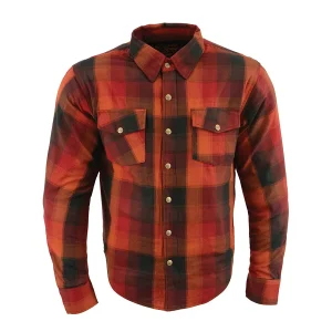 Milwaukee Leather Men's Red & Orange Armored Flannel Biker Shirt w/ Reinforced Fibers